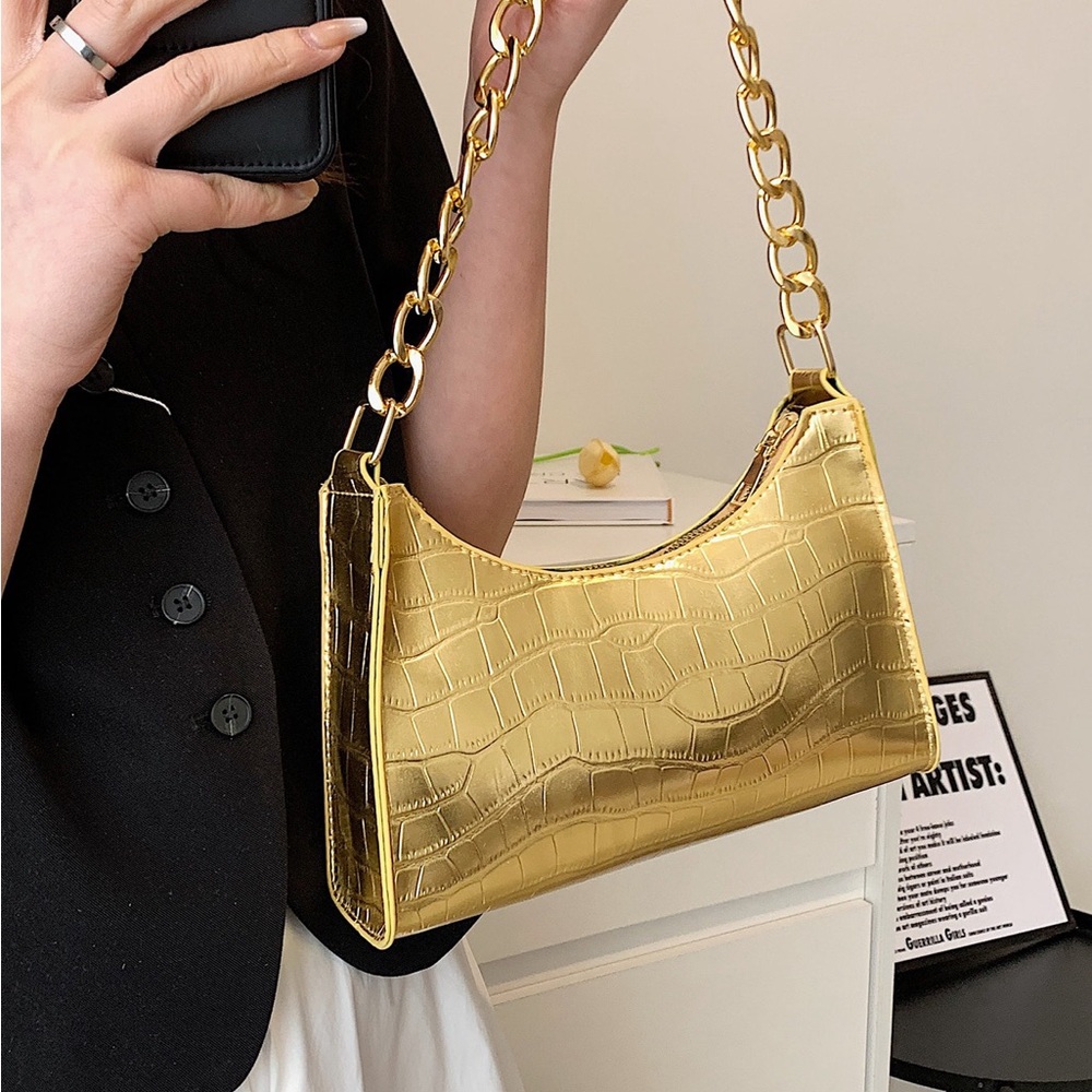 Gold Croc-Embossed Chain Shoulder Bag